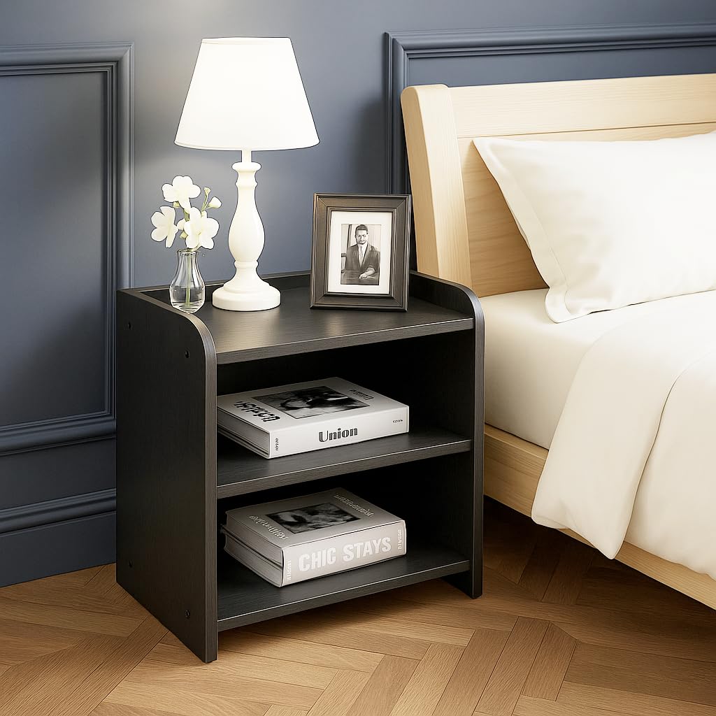 Home firebees modern wooden bedside table with 3 shelves
